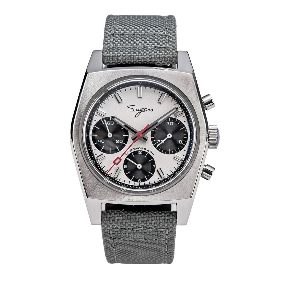 Sugess S419 ST1902 chronograph 37mm, white panda dial, black sub-dials, grey canvas strap, front on white