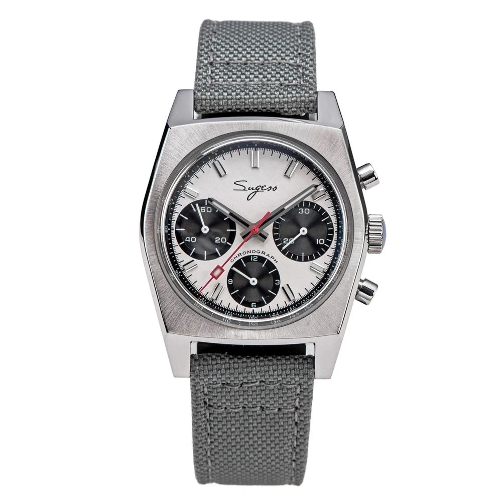 Sugess S419 ST1902 chronograph 37mm, white panda dial, black sub-dials, grey canvas strap, front view