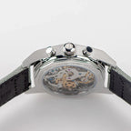 Sugess S419 white panda chronograph side profile with pushers and crown, grey canvas strap, on white