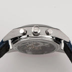 Sugess S419 white panda chronograph angled side profile, grey canvas strap, pushers and crown, close-up