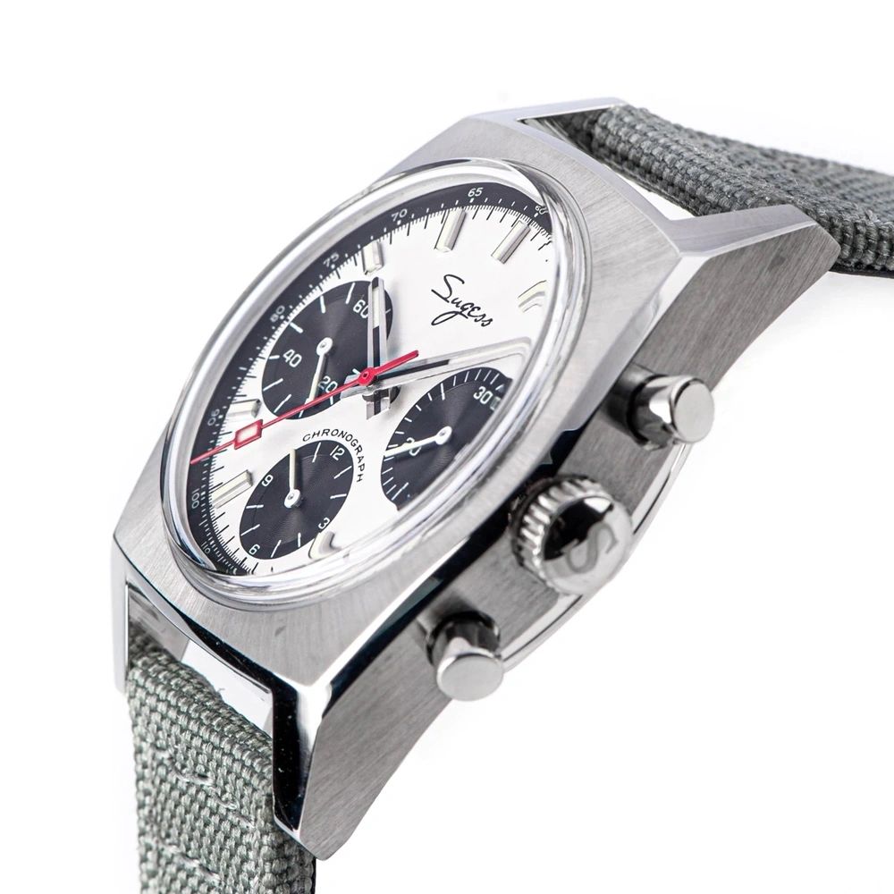 Sugess S419 ST1902 chronograph side profile with pushers and crown, white panda dial, grey canvas strap