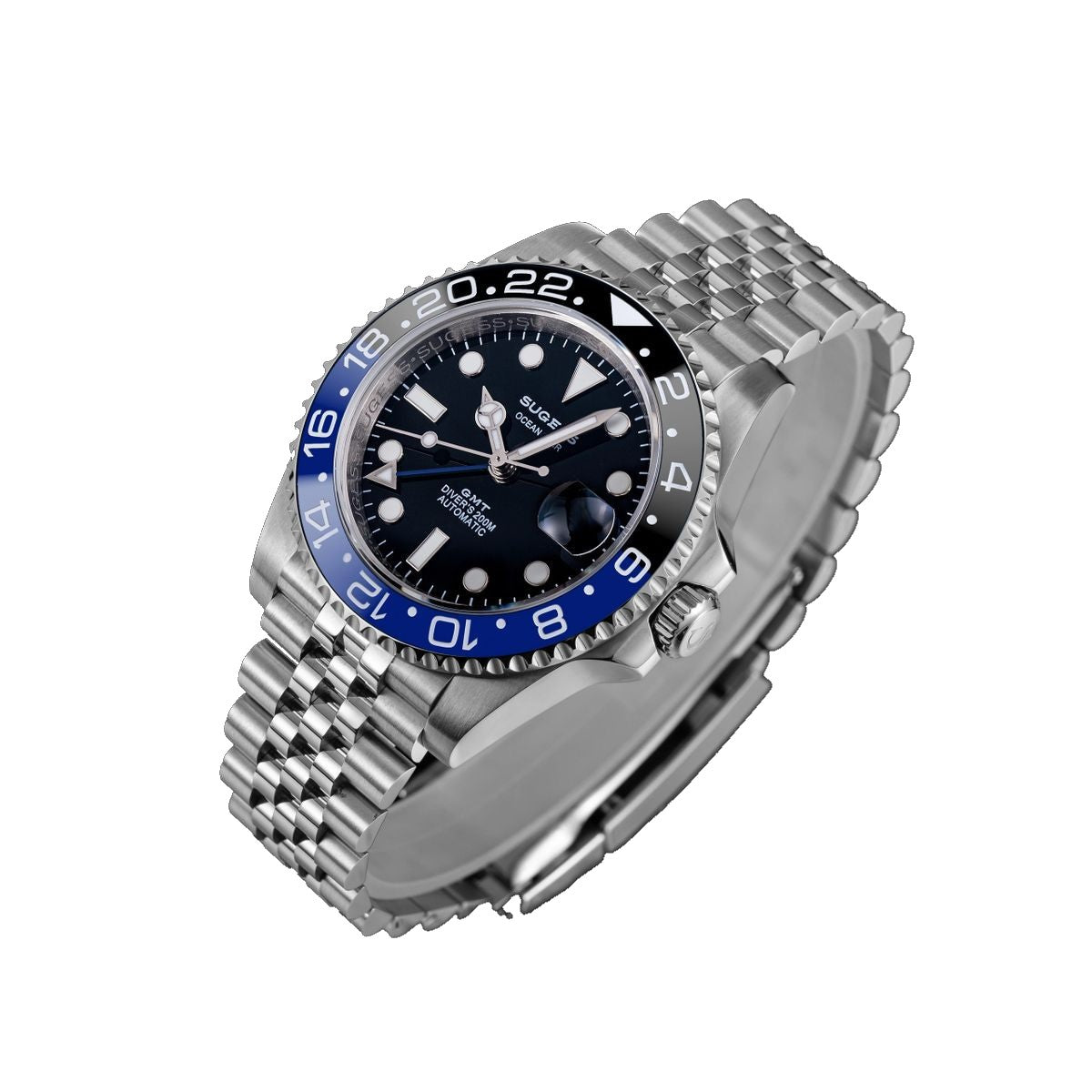 Sugess S420-2 Batman GMT diver, blue and black bezel, black dial, jubilee bracelet, angled studio product view