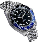 Sugess S420-2 Batman GMT diver, blue and black bezel, black dial with date cyclops, jubilee bracelet, angled view