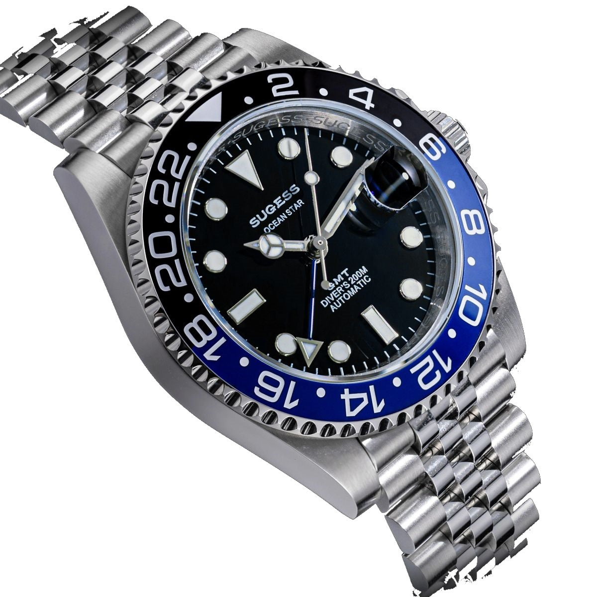 Sugess S420-2 Batman GMT diver, blue and black bezel, black dial with date cyclops, jubilee bracelet, angled view