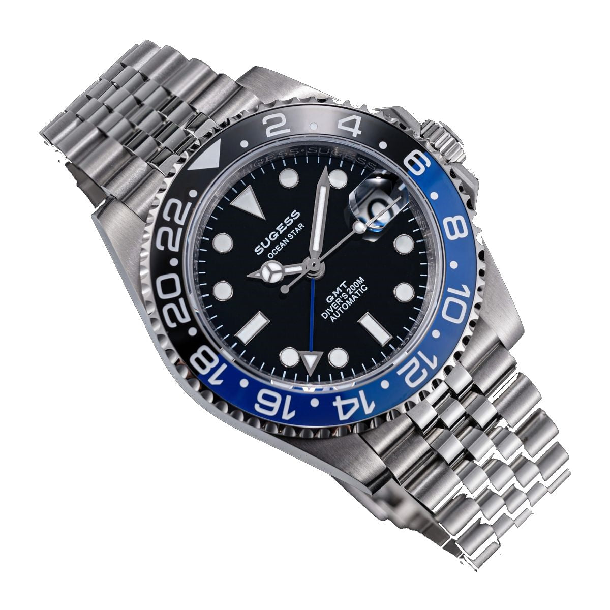 Sugess S420-2 Batman GMT diver, blue and black bezel, black dial, jubilee bracelet, angled close-up with S crown