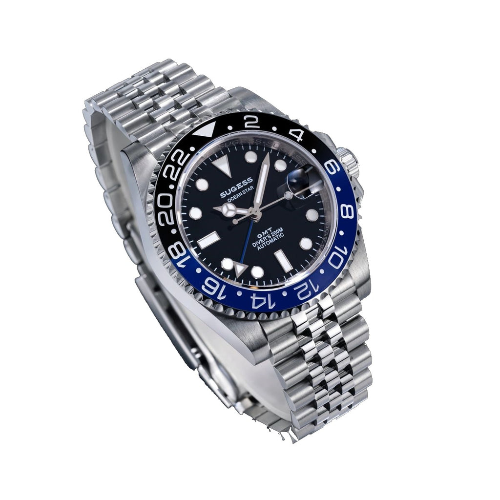 Sugess S420-2 Batman GMT diver, blue and black bezel, black dial, jubilee bracelet, three-quarter angled view