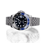 Sugess S420-2 Batman GMT diver, blue and black bezel, black dial, jubilee bracelet, front view reflected on black