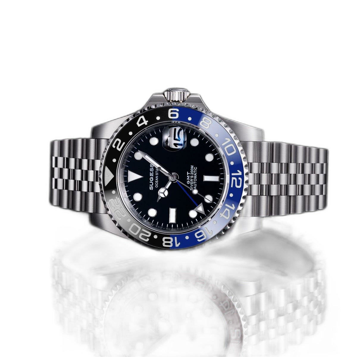 Sugess S420-2 Batman GMT diver, blue and black bezel, black dial, jubilee bracelet, front view reflected on black
