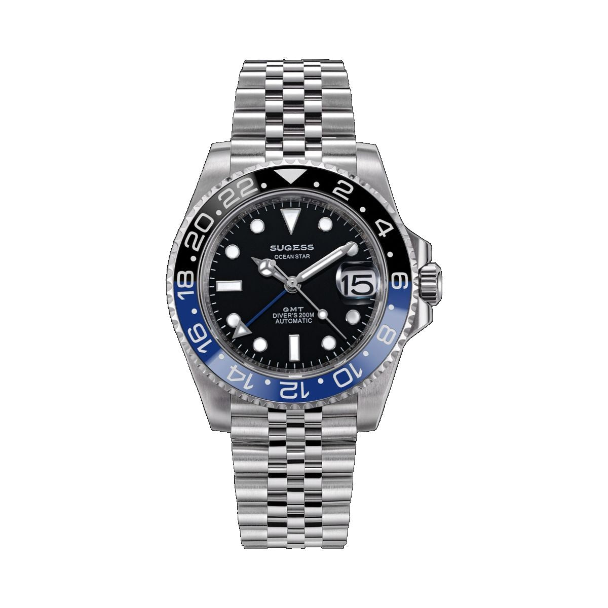 Sugess S420-2 Ocean Star GMT automatic diver 40mm, black dial, blue and black Batman bezel, jubilee bracelet, front