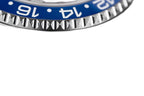 Sugess S420-2 Batman GMT diver macro, blue coin-edge bezel and jubilee bracelet links, close-up