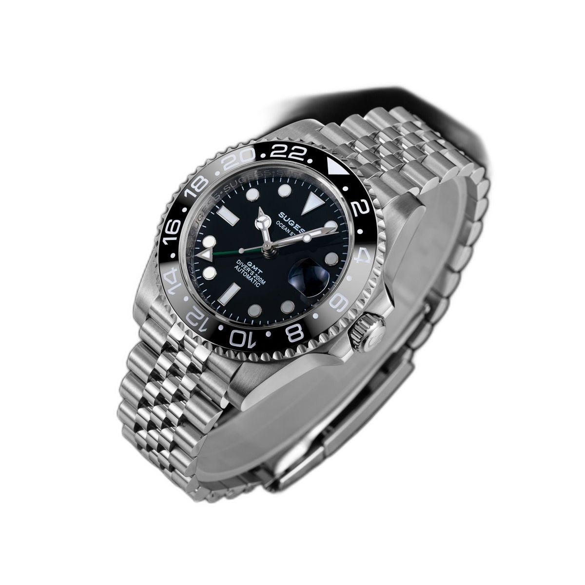Sugess S420-2 GMT diver, black bezel, black dial, jubilee bracelet, front-angled view with date cyclops