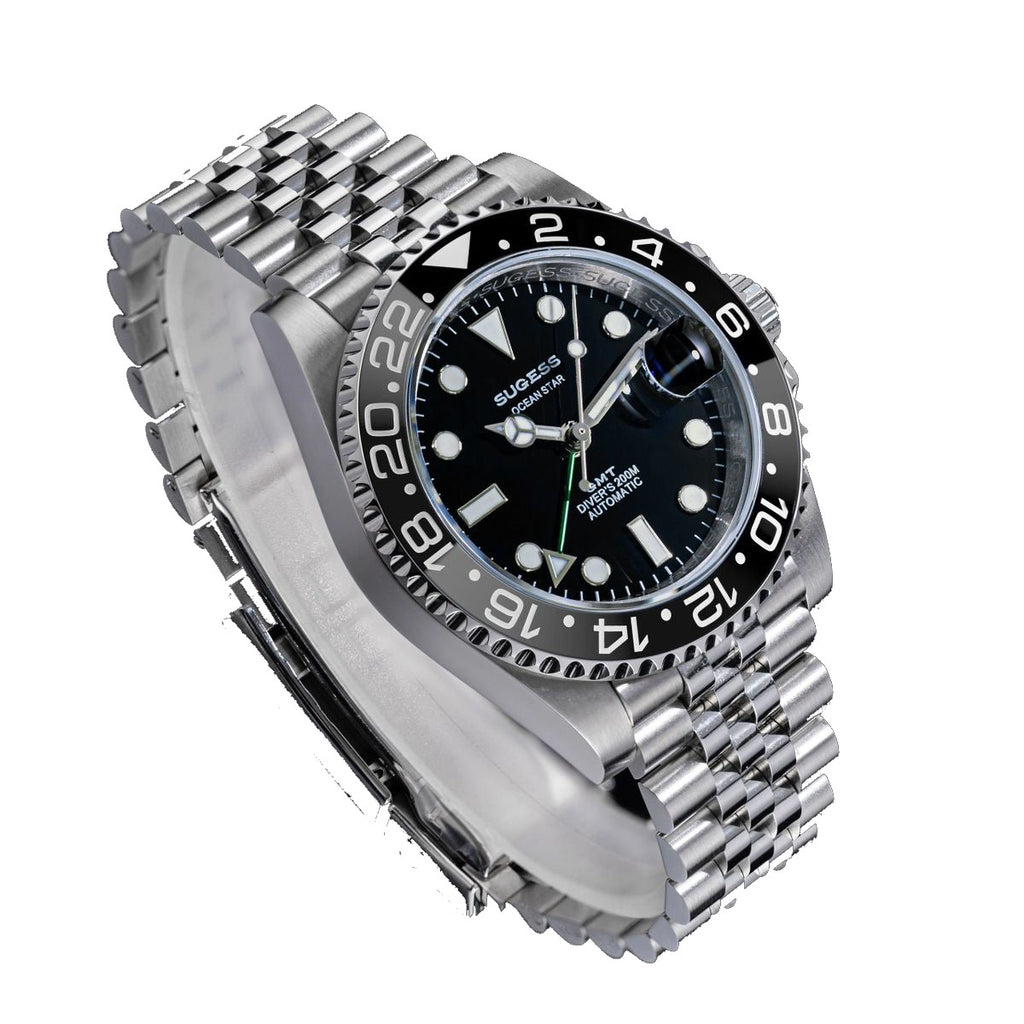 Sugess S420-2 GMT diver, black bezel, black dial, jubilee bracelet, angled studio product view