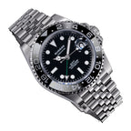 Sugess S420-2 GMT diver, black bezel, black dial, jubilee bracelet, dramatic angled view reflected on black