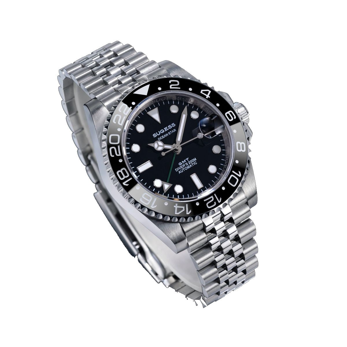 Sugess S420-2 GMT diver, black bezel, black dial with date cyclops, jubilee bracelet, three-quarter angled view