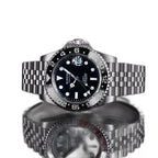 Sugess S420-2 GMT diver, black bezel, black dial, jubilee bracelet, front view reflected on black