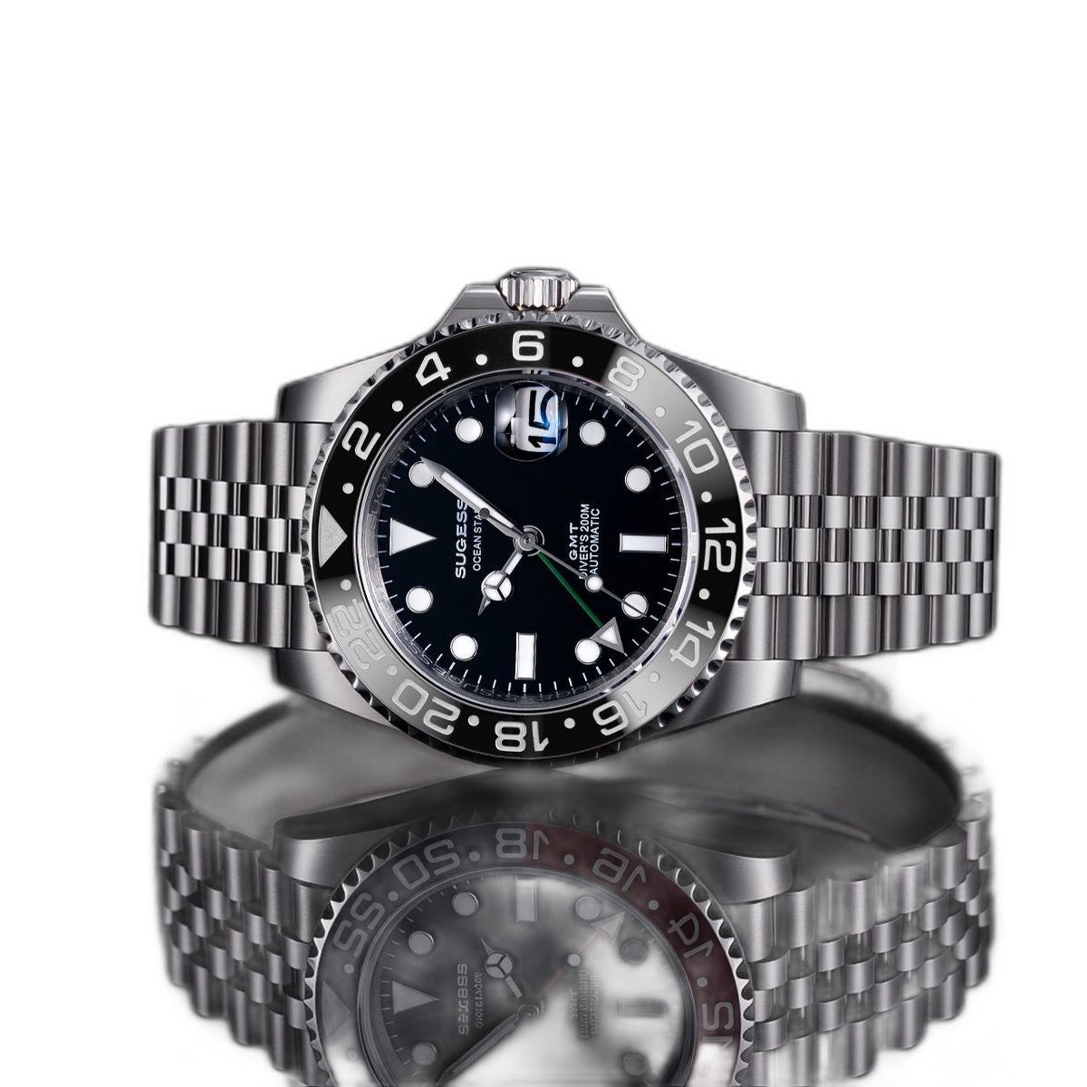 Sugess S420-2 GMT diver, black bezel, black dial, jubilee bracelet, front view reflected on black