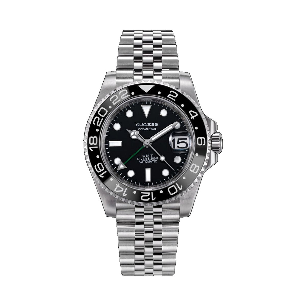 Sugess S420-2 Ocean Star GMT automatic diver 40mm, black dial, black bezel, jubilee bracelet, front view