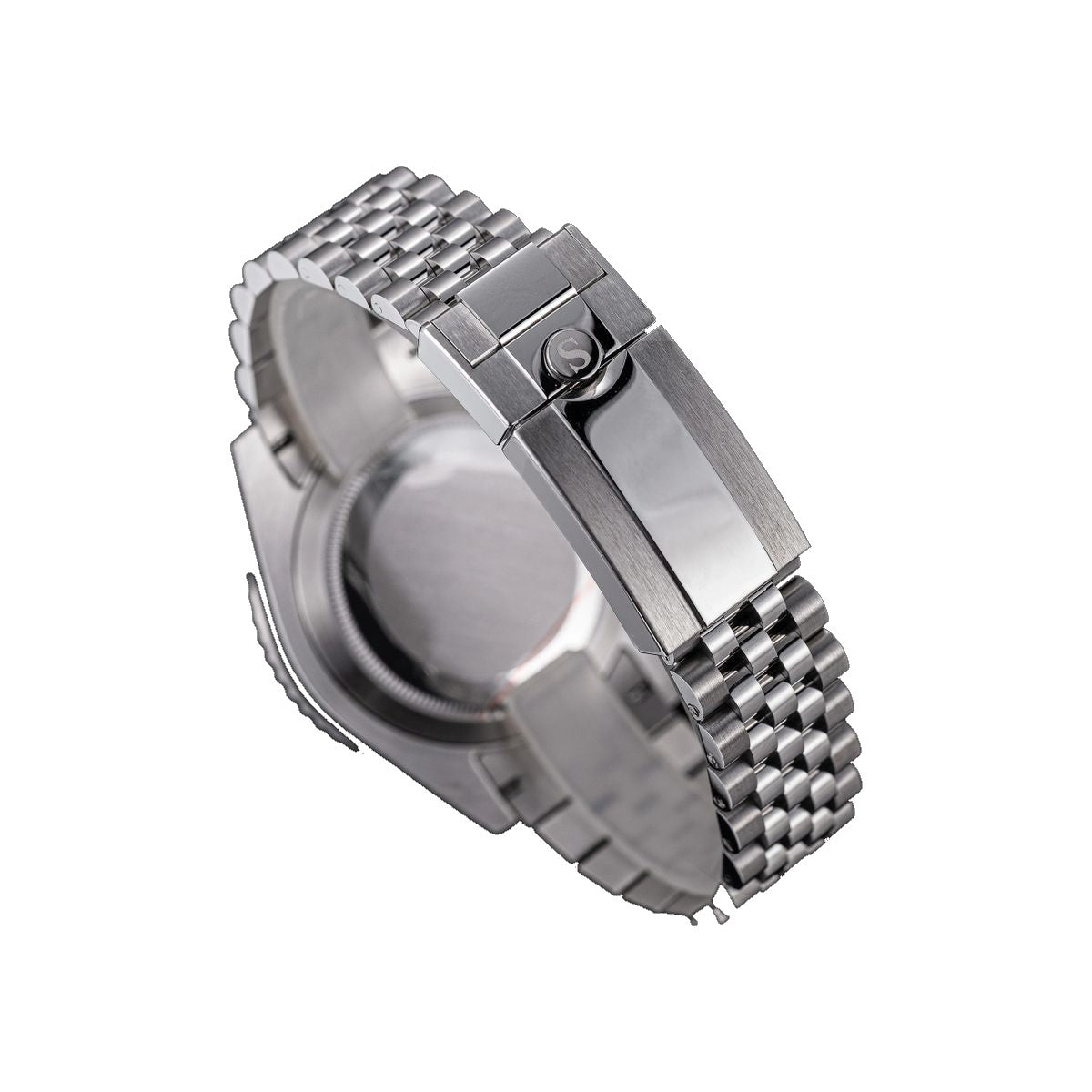 Sugess S420-2 jubilee bracelet folding clasp with S emblem, brushed and polished links, side view
