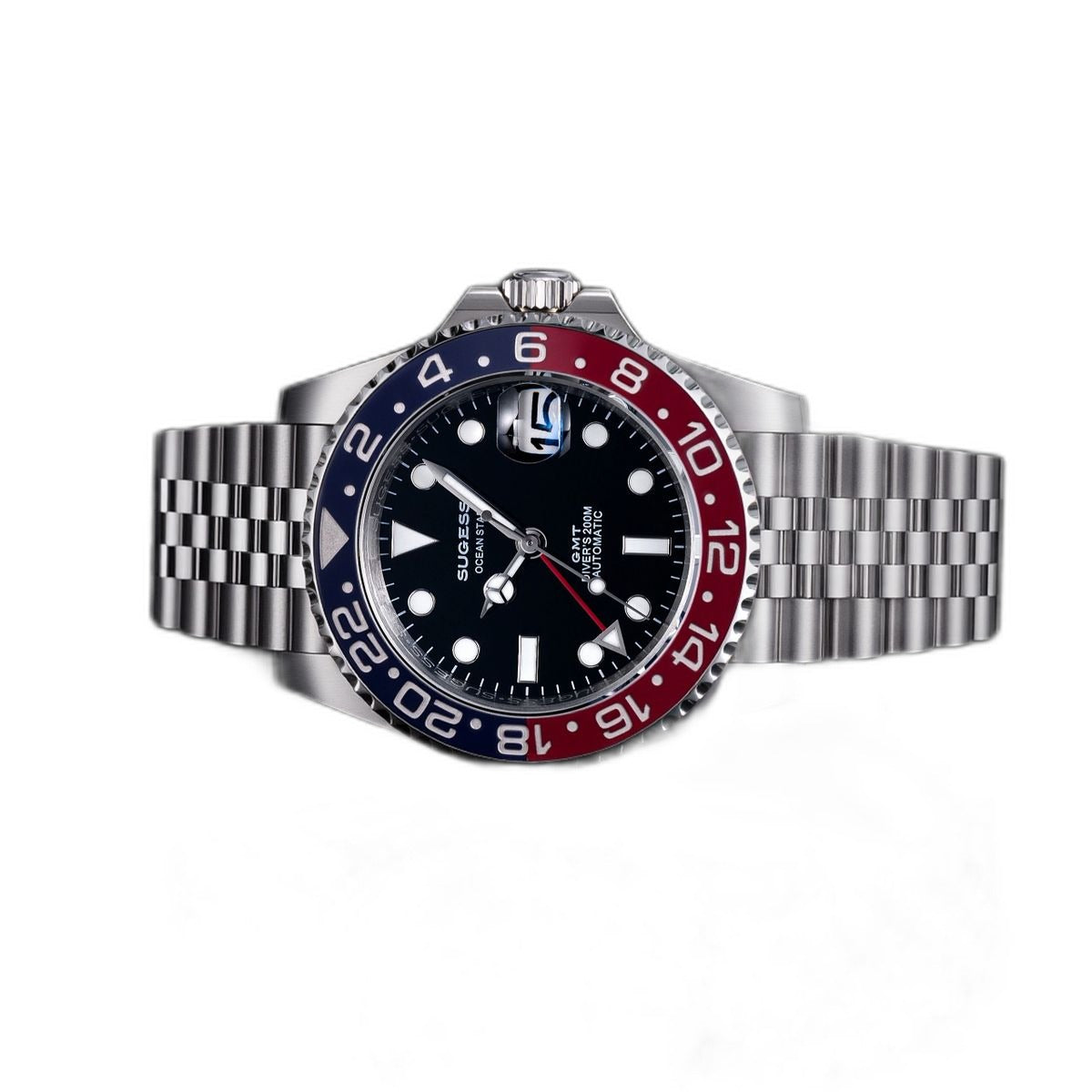 Sugess S420-2 Pepsi GMT diver, blue and red bezel, black dial, jubilee bracelet, angled studio product view