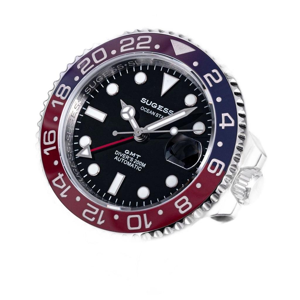 Sugess S420-2 Pepsi GMT diver, blue and red bezel, black dial, jubilee bracelet, dramatic angled view