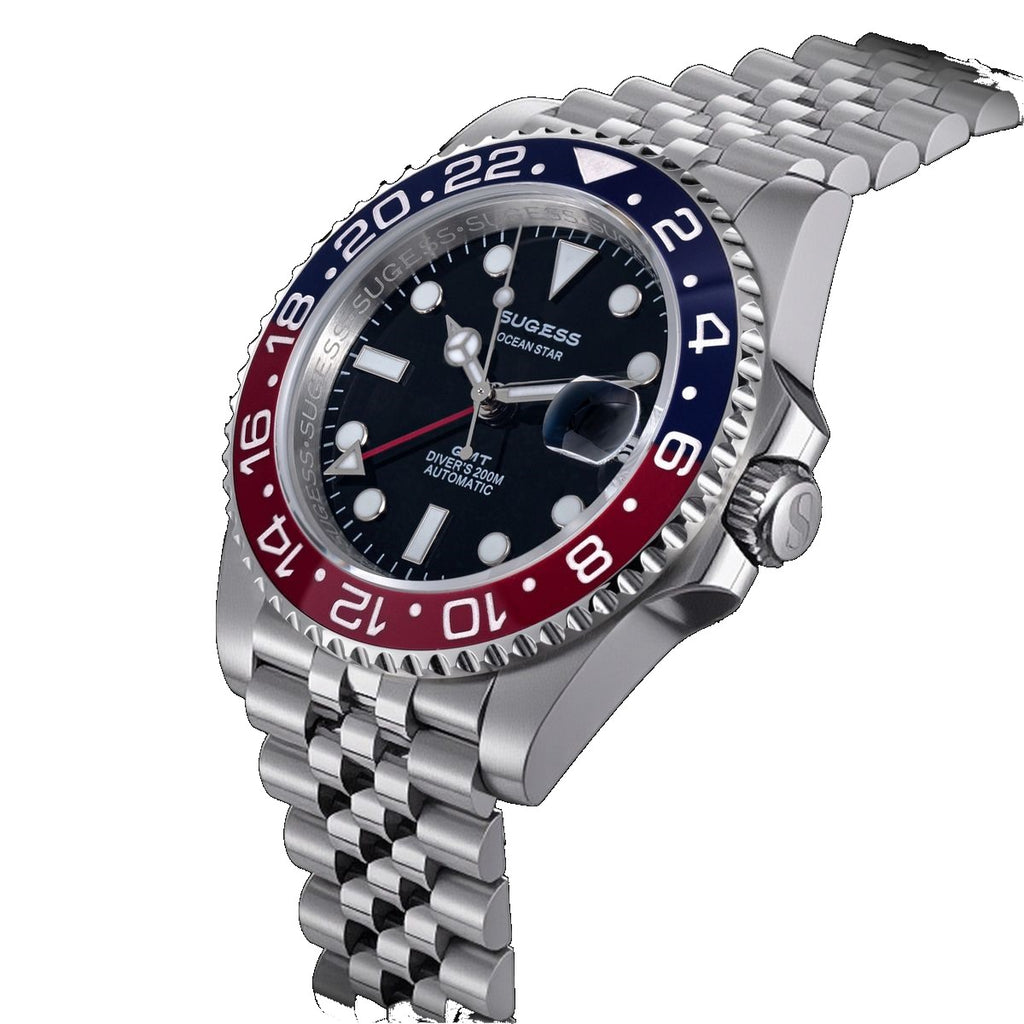 Sugess S420-2 Pepsi GMT diver, blue and red bezel, black dial, jubilee bracelet, three-quarter view with S crown
