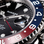 Sugess S420-2 Pepsi GMT diver, blue and red bezel, black dial, jubilee bracelet, three-quarter angled view