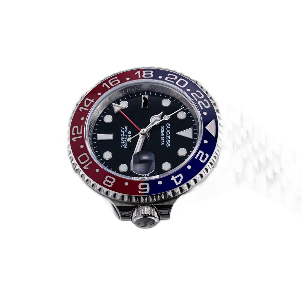 Sugess S420-2 Pepsi GMT diver, blue and red bezel, black dial, jubilee bracelet, front view reflected on black