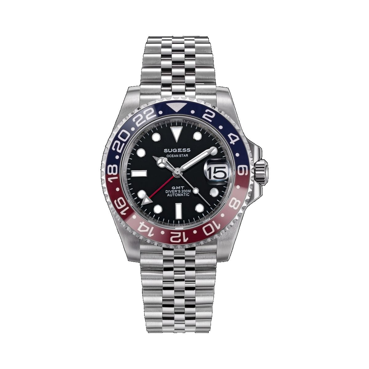 Sugess S420-2 Ocean Star GMT automatic diver 40mm, black dial, blue and red Pepsi bezel, jubilee bracelet, front