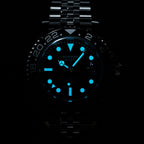 Sugess S420-2 Pepsi GMT diver dial macro, blue and red bezel, date cyclops and applied markers, close-up