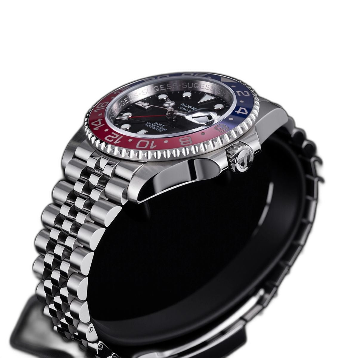 Sugess S420-2 Pepsi GMT diver side profile, blue and red bezel with coin-edge, jubilee bracelet and crown