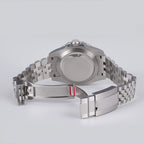 Sugess S420-2 brushed solid steel screw-down caseback and jubilee clasp, rear view on grey