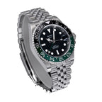 Sugess S420-2 Sprite GMT diver, green and black bezel, black dial, jubilee bracelet, angled view with S crown