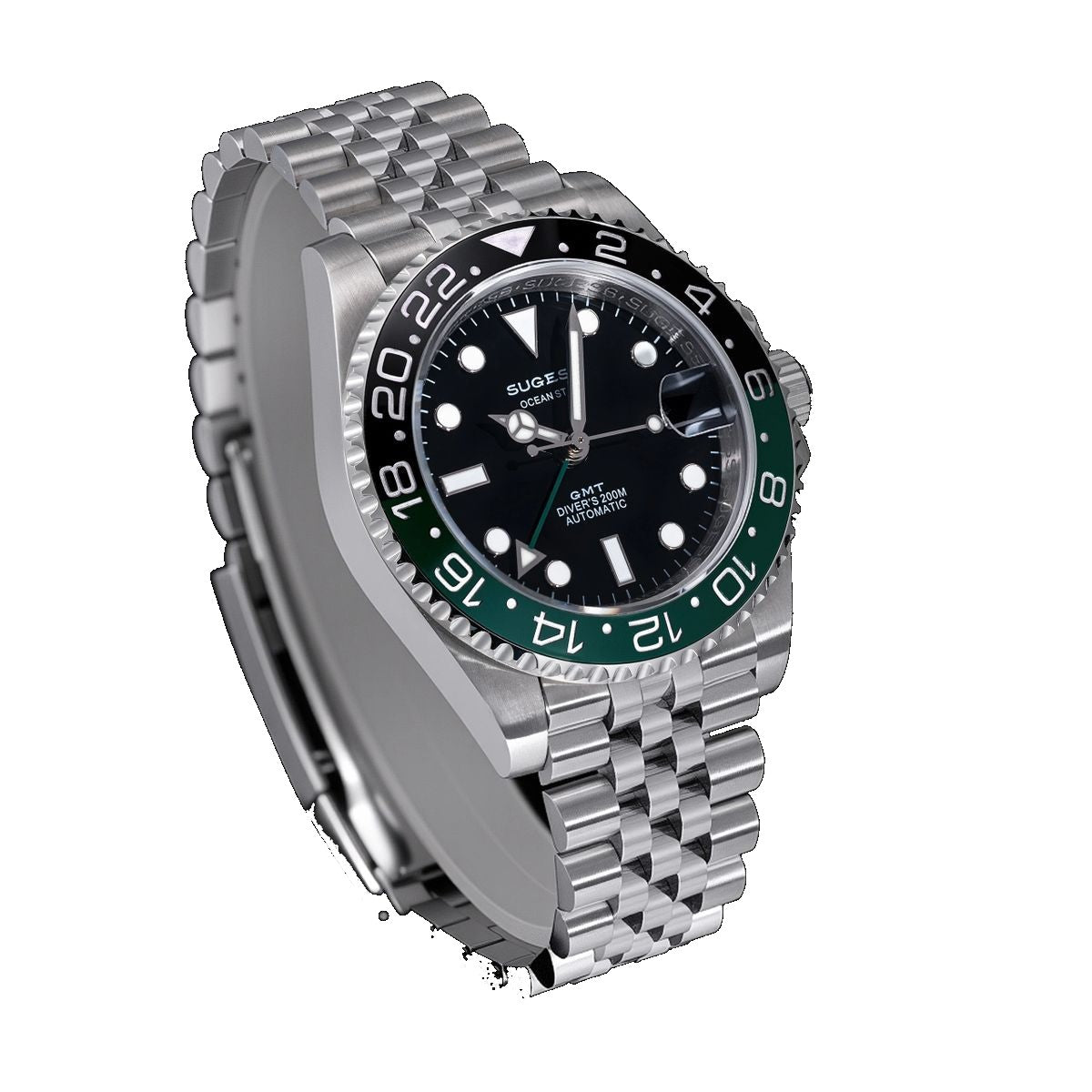 Sugess S420-2 Sprite GMT diver, green and black bezel, black dial, jubilee bracelet, angled view with S crown