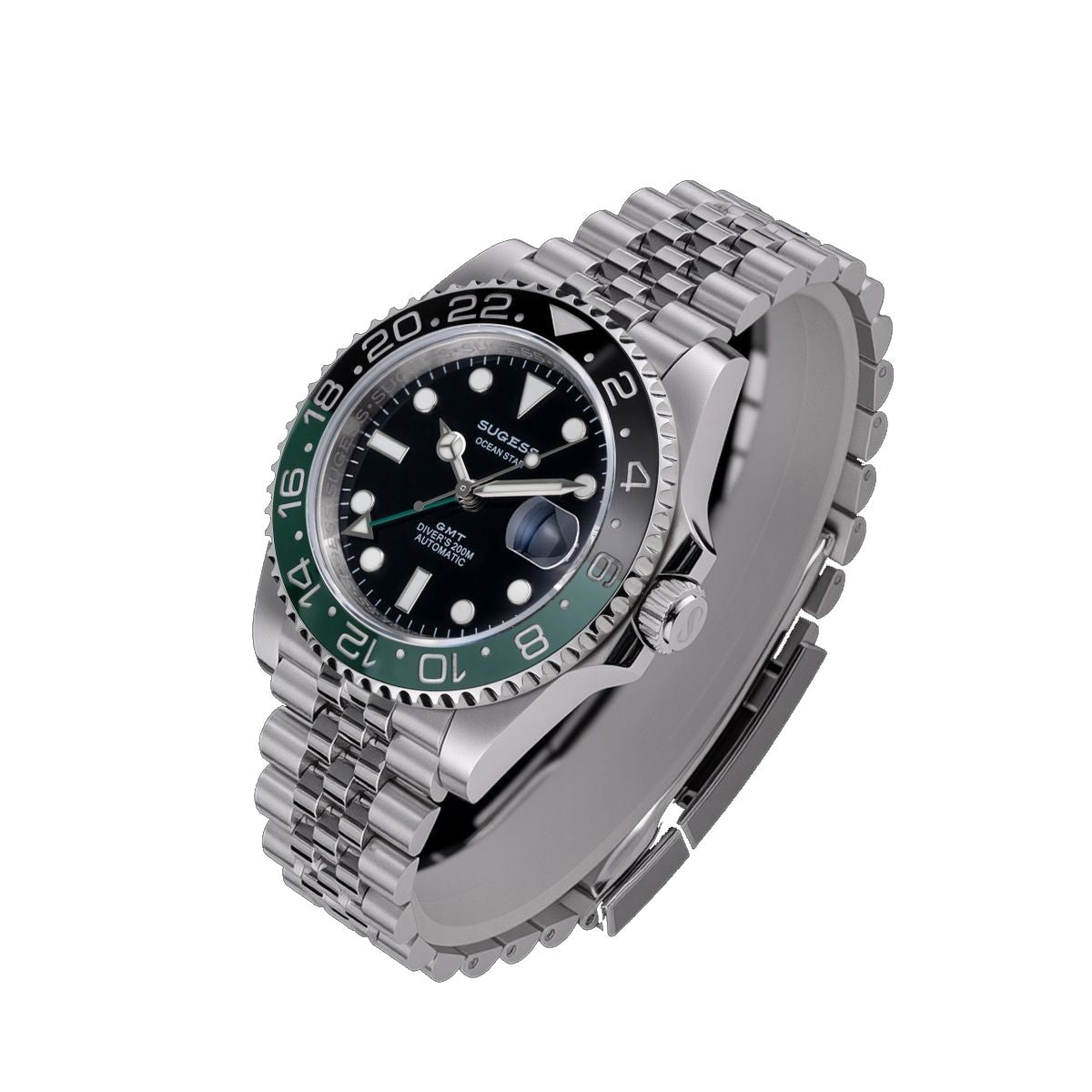 Sugess S420-2 Sprite GMT diver, green and black bezel, black dial, jubilee bracelet, angled studio product view