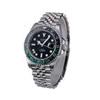 Sugess S420-2 Sprite GMT diver, green and black bezel, black dial with date cyclops, jubilee bracelet, angled view
