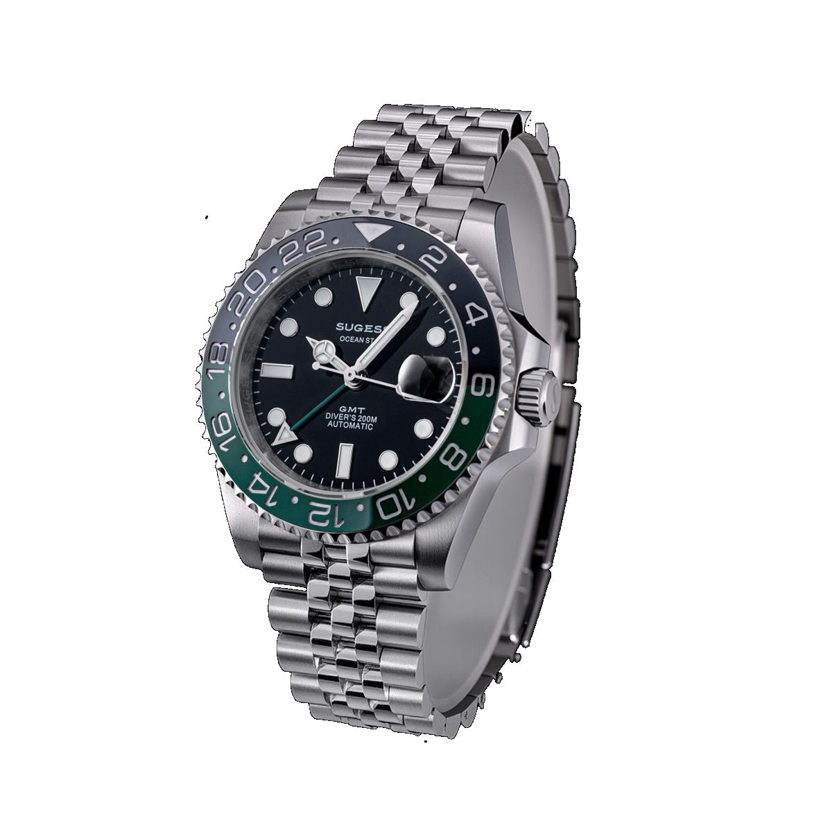 Sugess S420-2 Sprite GMT diver, green and black bezel, black dial with date cyclops, jubilee bracelet, angled view