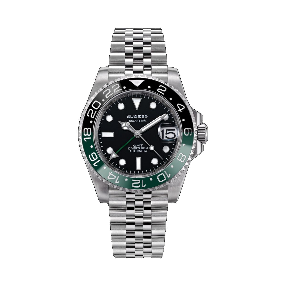 Sugess S420-2 Ocean Star GMT automatic diver 40mm, black dial, green and black Sprite bezel, jubilee bracelet, front