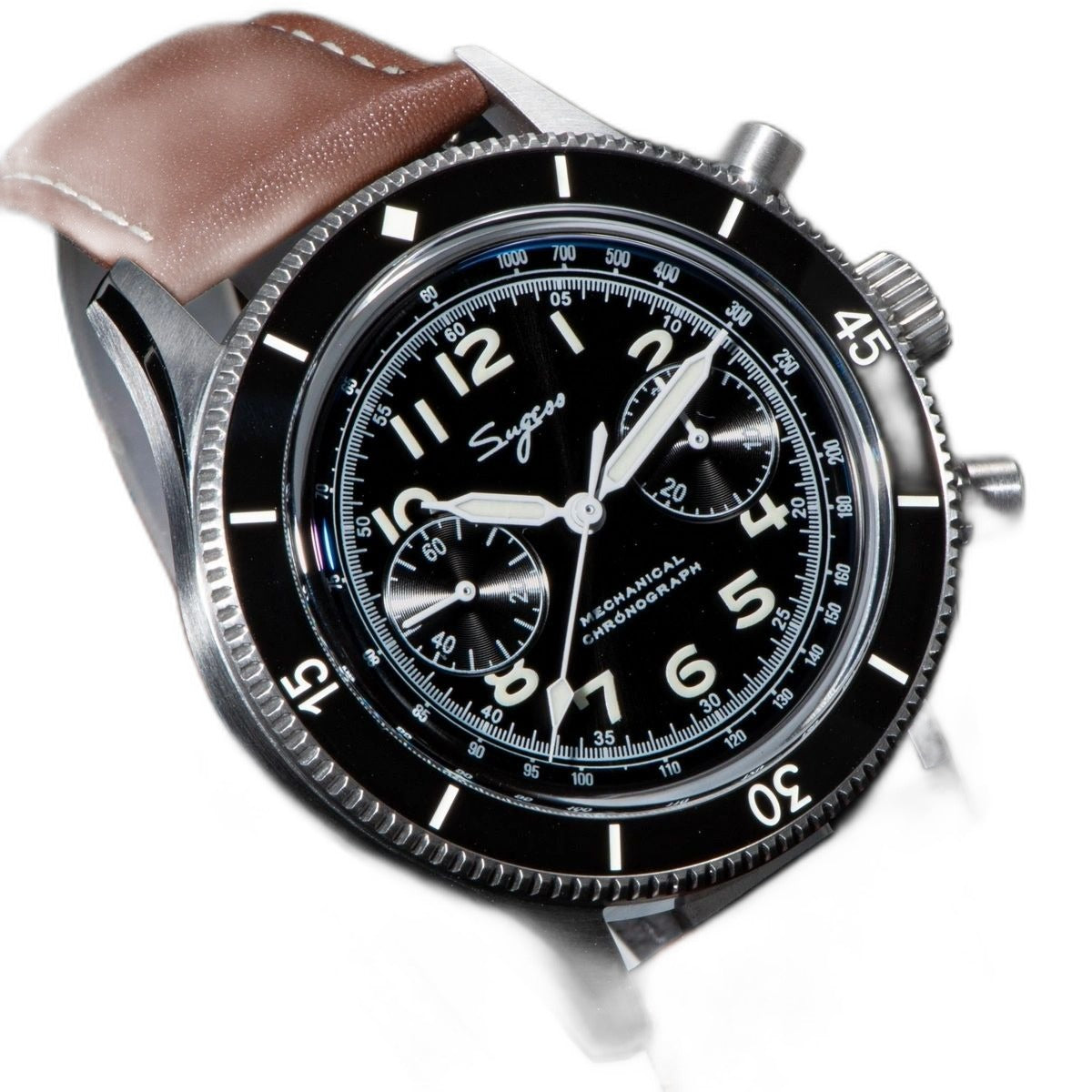 Sugess S423 black-dial chronograph, black bezel, brown leather strap, angled close-up view with crown