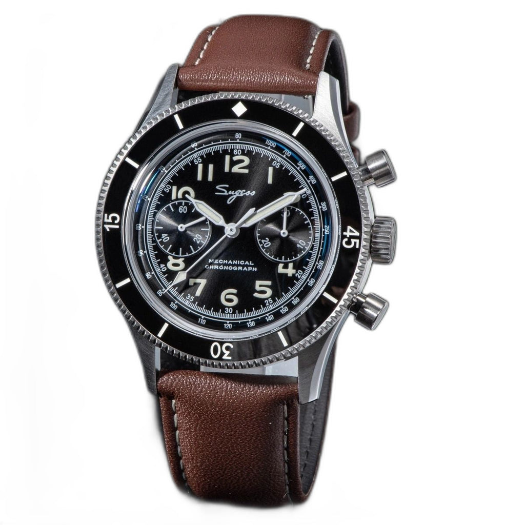 Sugess S423 black-dial chronograph, black bezel, brown leather strap, angled studio product view