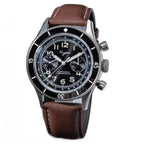 Sugess S423 black-dial chronograph, black bezel, brown leather strap, angled studio product view