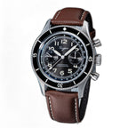 Sugess S423 black-dial chronograph, black bezel, brown leather strap, three-quarter angled view