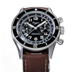 Sugess S423 mechanical chronograph 42mm, black dial, two sub-dials, tachymeter, brown leather strap, front