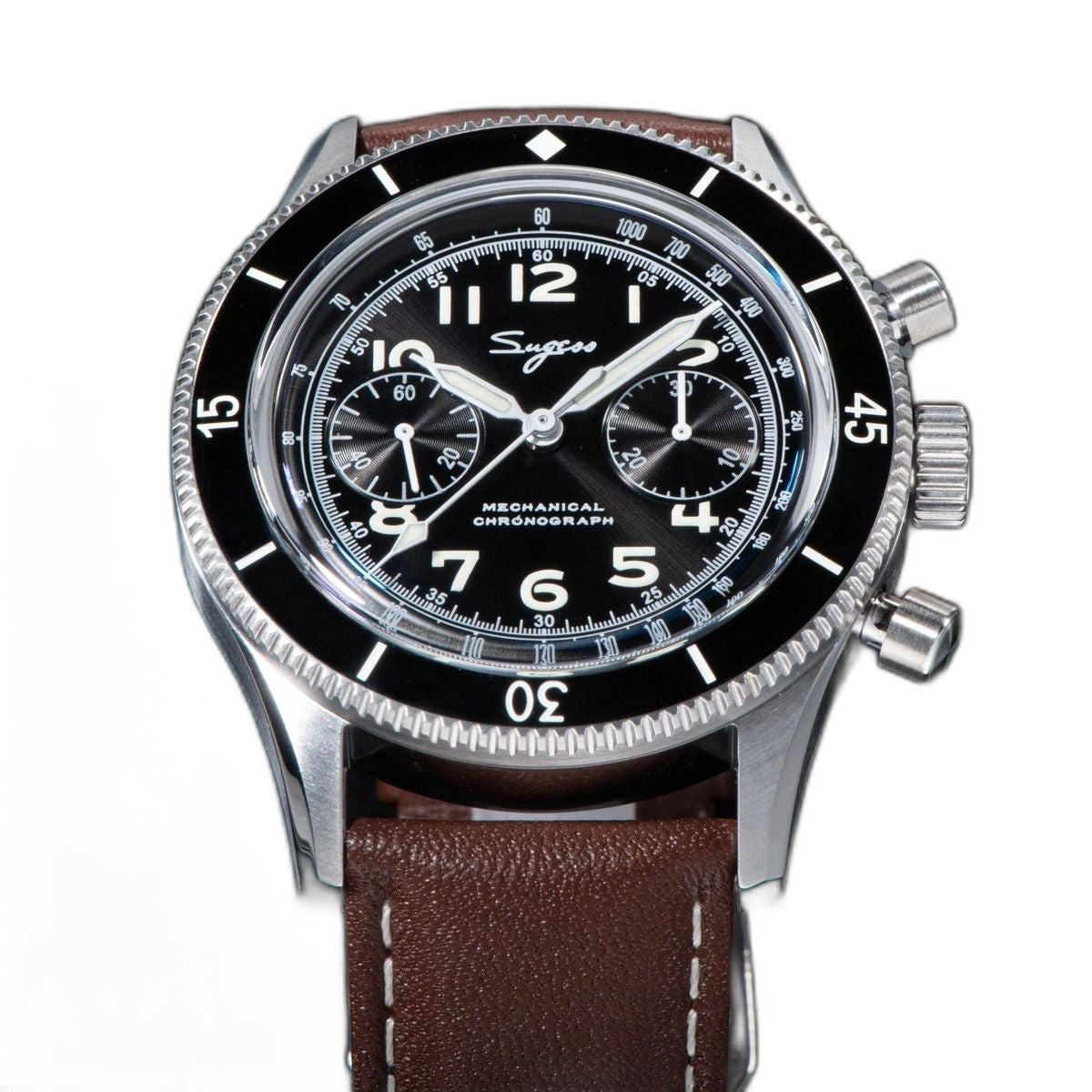 Sugess S423 mechanical chronograph 42mm, black dial, two sub-dials, tachymeter, brown leather strap, front