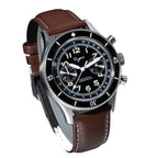 Sugess S423 mechanical chronograph 42mm, black dial, two sub-dials, black bezel, brown leather strap, front view