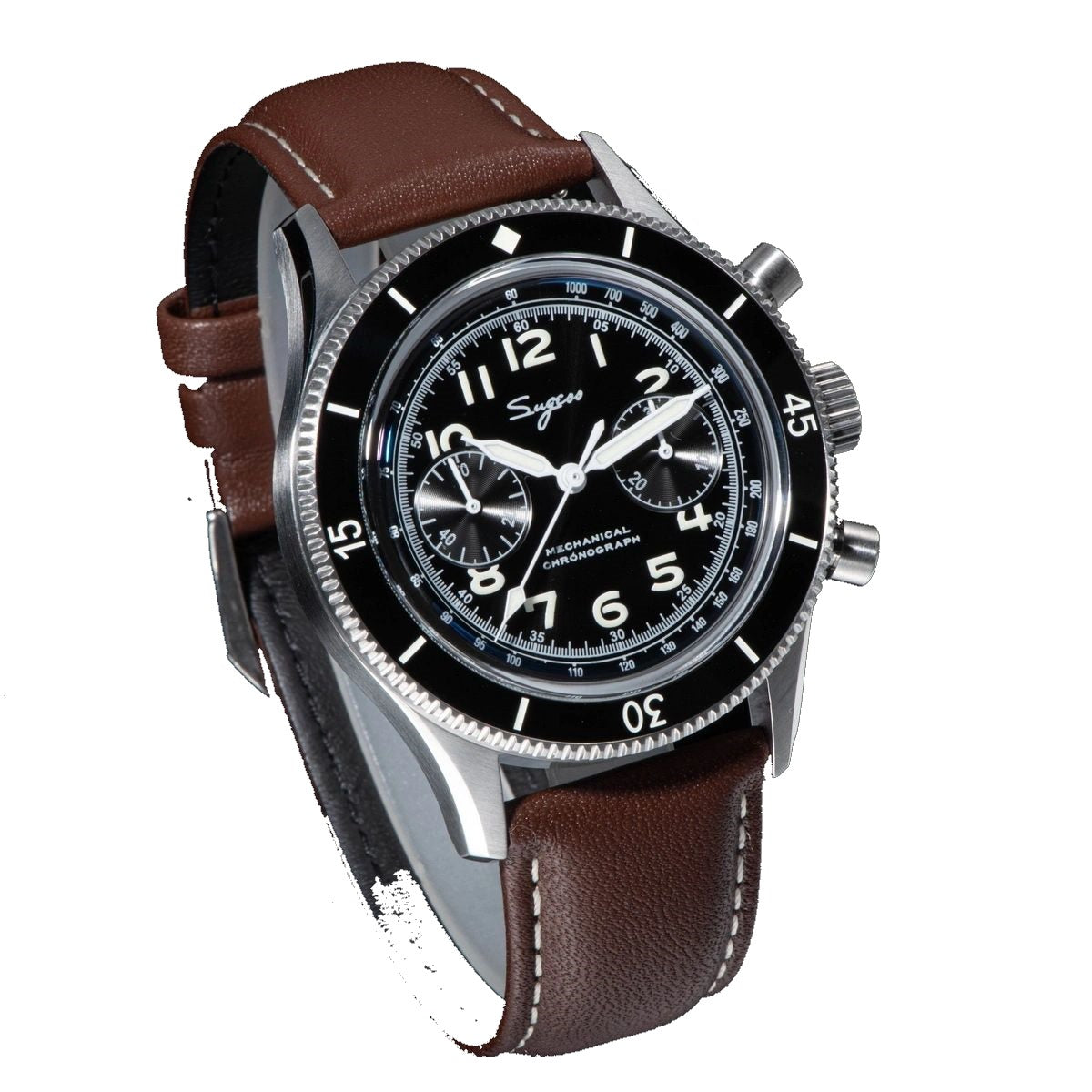 Sugess S423 mechanical chronograph 42mm, black dial, two sub-dials, black bezel, brown leather strap, front view