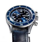 Sugess S423 blue-dial chronograph, blue bezel, blue leather strap, three-quarter angled view