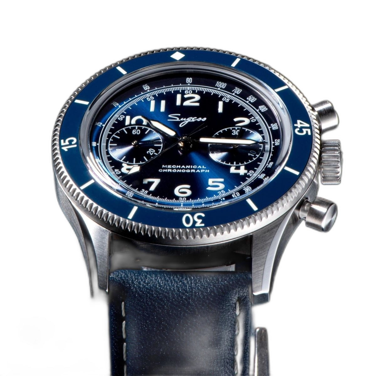 Sugess S423 blue-dial chronograph, blue bezel, blue leather strap, three-quarter angled view