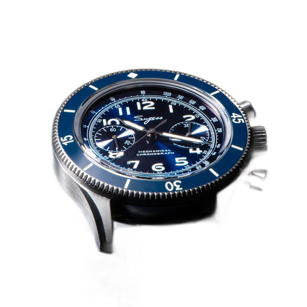 Sugess S423 blue-dial chronograph, blue bezel, blue leather strap, angled studio product view