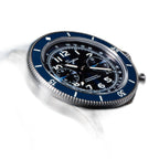 Sugess S423 blue-dial chronograph, blue bezel, blue leather strap, dramatic three-quarter angled view