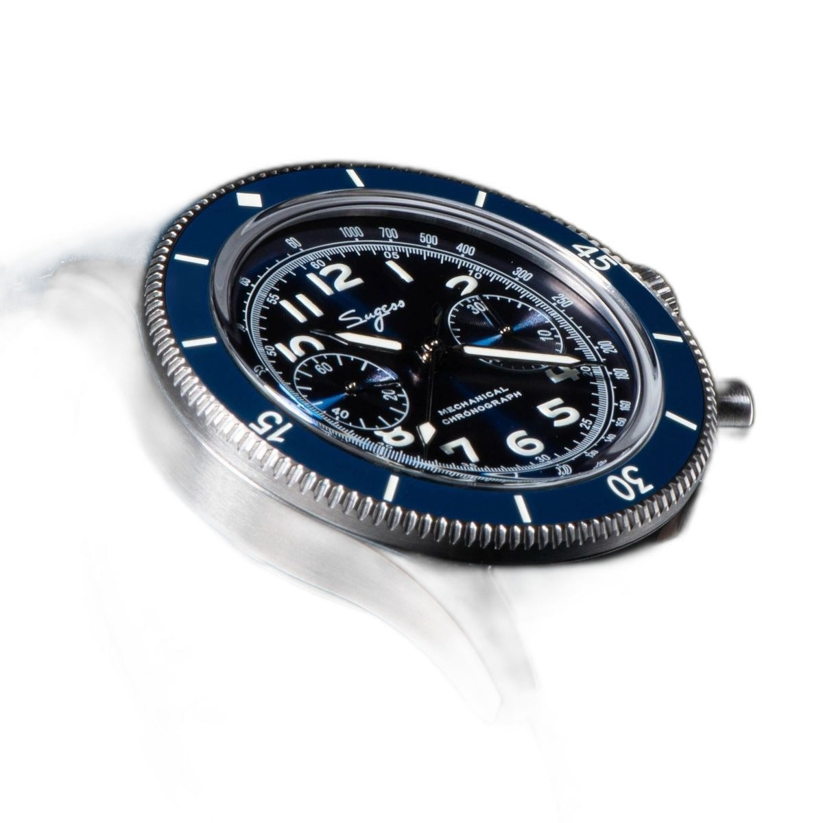 Sugess S423 blue-dial chronograph, blue bezel, blue leather strap, dramatic three-quarter angled view